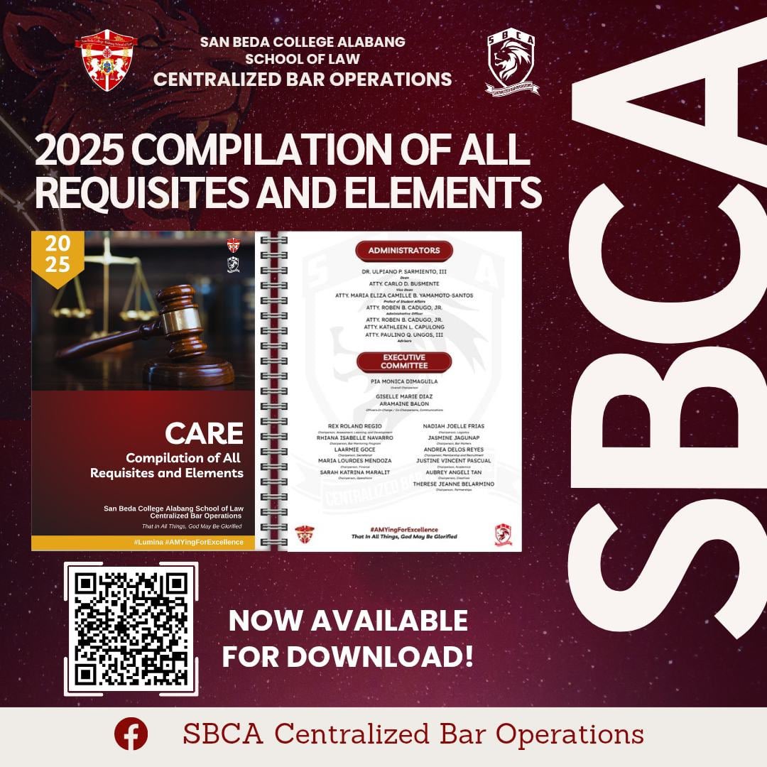 SBCA CBO CARE 2025 (Compilation of All Requisites &amp; Elements)

1st Tranche:
-Commercial Law
-Labor Law
-Taxation Law
-Legal Ethics

Access via QR or here: bit.ly/SBCACBO2025CARE

Free, for educational use only. Not for sale/reproduction.

#SBCACBO #AMYingForExcellence #Bar2025