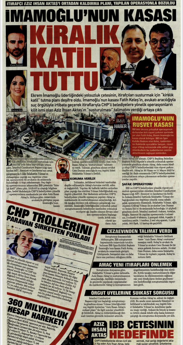 nedimsener2010's tweet photo. ▪️İBB ve CHP'li belediyelere yönelik rüşvet-yolsuzluk operasyonları sürerken İstanbul Cumhuriyet Başsavcılığı MİT, Emniyet ve Jandarma'yla birlikte Ankara-İstanbul hattında Selahattin Yılmaz elebaşlığındaki suç örgütüne yönelik cuma sabahı şafak operasyonu düzenledi. Selahattin Yılmaz, oğlu Alperen Göktuğ Yılmaz ile avukatlar Cem Duman ve Semra Ilık'ın da aralarında bulunduğu 13 şüpheli gözaltına alındı.
▪️İstanbul merkezli Ankara, Antalya, Muğla, Samsun'da yapılan operasyonda 3 ruhsatsız, 3 ruhsatlı 6 tabanca, 2 pompalı tüfek, 9 şarjör, 2 uzatılmış şarjör, 1 tambur, 2 seri atış aparatı, 1 çelik yelek, 383 fişek, 12 kartuş ele geçirildi.
Soruşturma dosyasındaki iddiaya göre, İBB soruşturması kapsamında cezaevinde tutuklu bulunan İBB Spor Kulübü Başkanı İmamoğlu'nun kasası Fatih Keleş, avukatıyla cezaevinde görüşme yaptı. Görüşmede hemşerisi olan ve daha önce ona yardımcı olduğunu iddia ettiği Selahattin Yılmaz'a "Aziz İhsan Aktaş'ı sustursun" talimatını iletmesini istedi.
▪️Keleş'in avukatı da Selahattin Yılmaz'ın avukatı Cem Duman ile bir araya gelerek verilen talimatı iletti. Bunun üzerine Cem Duman, Selahattin Yılmaz ile toplantı yaparak Keleş'in avukatı üzerinden gönderdiği notu Yılmaz'a bildirdi.
Yapılan teknik ve fiziki takibin ardından İstanbul Cumhuriyet Başsavcılığı düğmeye basarak Yılmaz liderliğindeki şebekeye operasyon yaptı. Uzun zamandır Emniyet ve İstihbarat'ın takibindeki Selahattin Yılmaz'ın, kendisine iş adamı imajı verdiği, Ankara'da birçok iş insanını örtülü olarak tehdit edip haraç kesmeye çalıştığı da soruşturma dosyasında yer aldı. Suç örgütü üyelerine "Aziz İhsan Aktaş'a suikast planı" ile ilgili sorular yöneltiliyor.