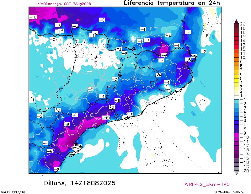 Evolució de la temperatura prevista per a dilluns a les 06 i 14 UTC  🌡 Més mapes a la secció “Previsió” del portal d'<a href="/eltempsTV3/">El temps</a> ➡ ccma.cat/el-temps/previ… #ElTemps3Cat