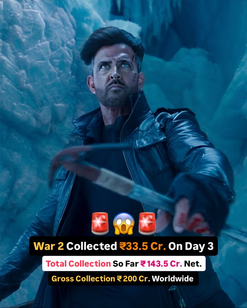 BollywoodKnocks's tweet photo. ₹33.5 Cr on Day 3 🔥 Total ₹143.5 Cr net, #War2 joins the ₹200 Cr+ worldwide club! https://t.co/DJyAyZX8EW