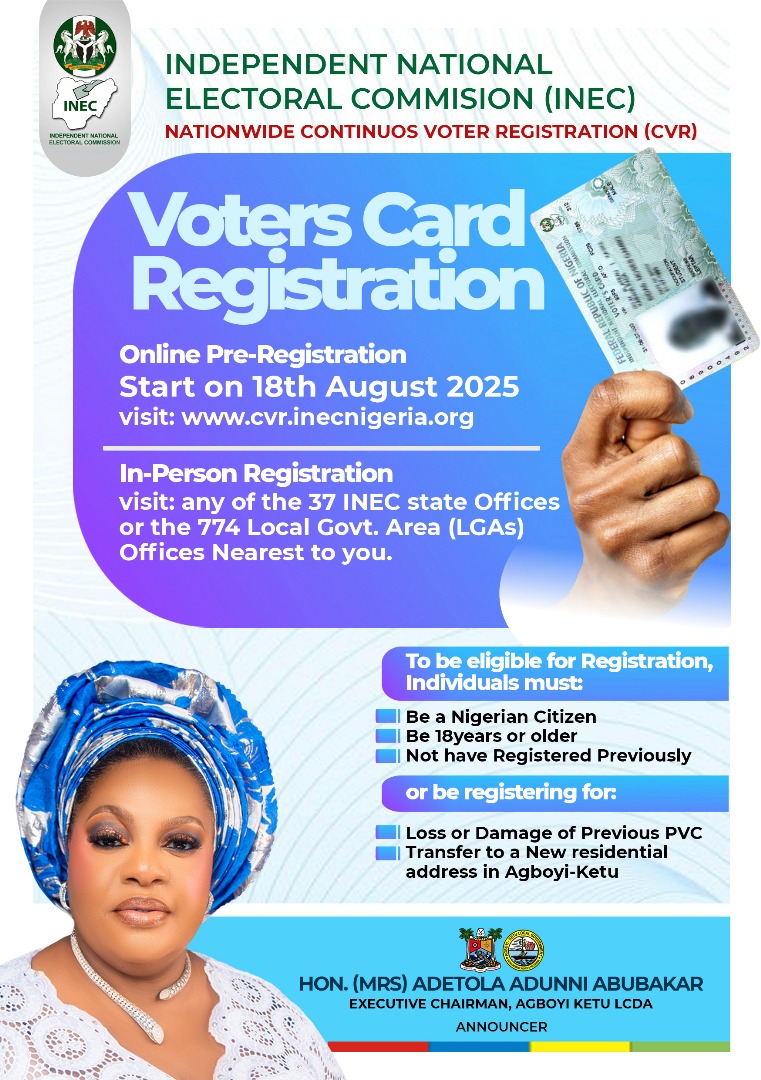 AdetolaAbubakar's tweet image. My dear people of Agboyi-Ketu,
Let’s Get Ready to Vote!

What to do:
Kindly get your details ready:
Full Name:
Date of Birth:
LGA &amp;amp; Address:
Occupation &amp;amp; Gender:
Phone Number &amp;amp; Email:
Polling Unit:
Passport Photo:

#IgbaOtunTiDe #YourVoteYourVoice #GetRegistered #AgboyiKetu