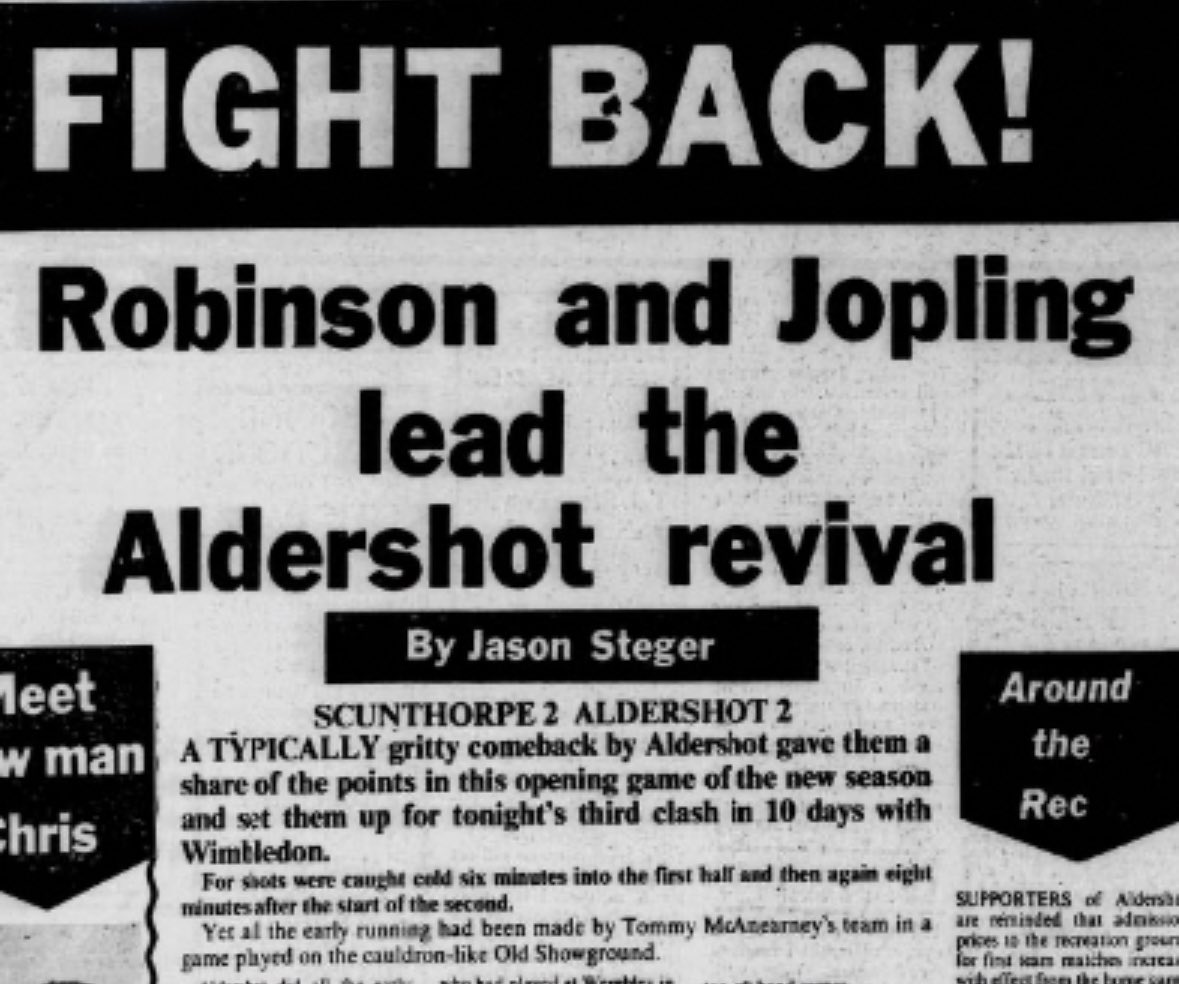 shotsremembered's tweet photo. Scunthorpe United 2-2 Aldershot, Division Four, 45 Years Ago

New signing Stuart Robinson excels as the Shots fight back from 0-2 down to earn a point. Murray Brodie scores the first, before Robinson sets up Colin Garwood for a late equaliser

📰 Aldershot News https://t.co/H951R9RgLn