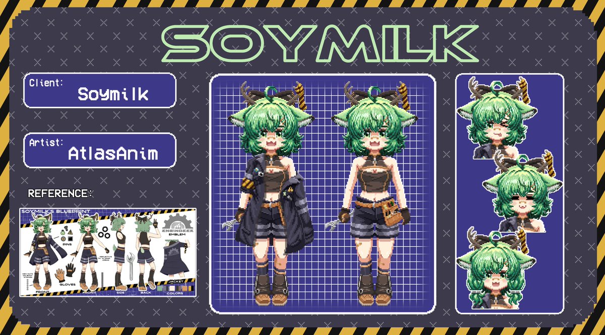 Got to do the art for <a href="/soymilktm/">Soymilk🦌⚙️Engindeer</a>'s new pixel model!🦌⚙️

Thank you Soy for giving us such an incredible design and just being a joy to work with. Due to all that I think it turned out fantastic!
#vtuber #pixelart #soyyaRT