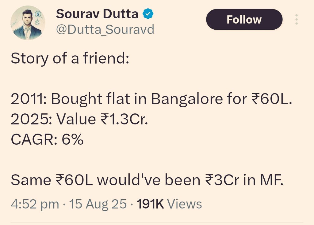 mainbhiengineer's tweet photo. Story of a friend:

Didn't buy a flat in Bangalore in 2011 when kids were young, now in last 14 years he changed 8 houses, 6 times school for kids. His children couldn't make friends or concentrate on study because of changing school and houses frequently.

Now his kids are direction-less in career, without friends and he himself is depressed seeing his kids even with 2cr in his Mutual fund.

Moral: You can't calculate everything in an excel with CAGR formula.