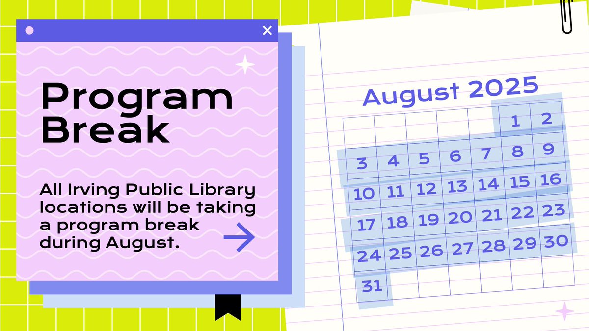 irvinglibrary's tweet image. All storytimes and most events are taking a break until Sept. 2 to give our staff time to get ready for an amazing line-up of fall programs. In the meantime, come visit our libraries and check out some great books. We&apos;ll be unveiling our fall preview very soon! #IrvingLibrary