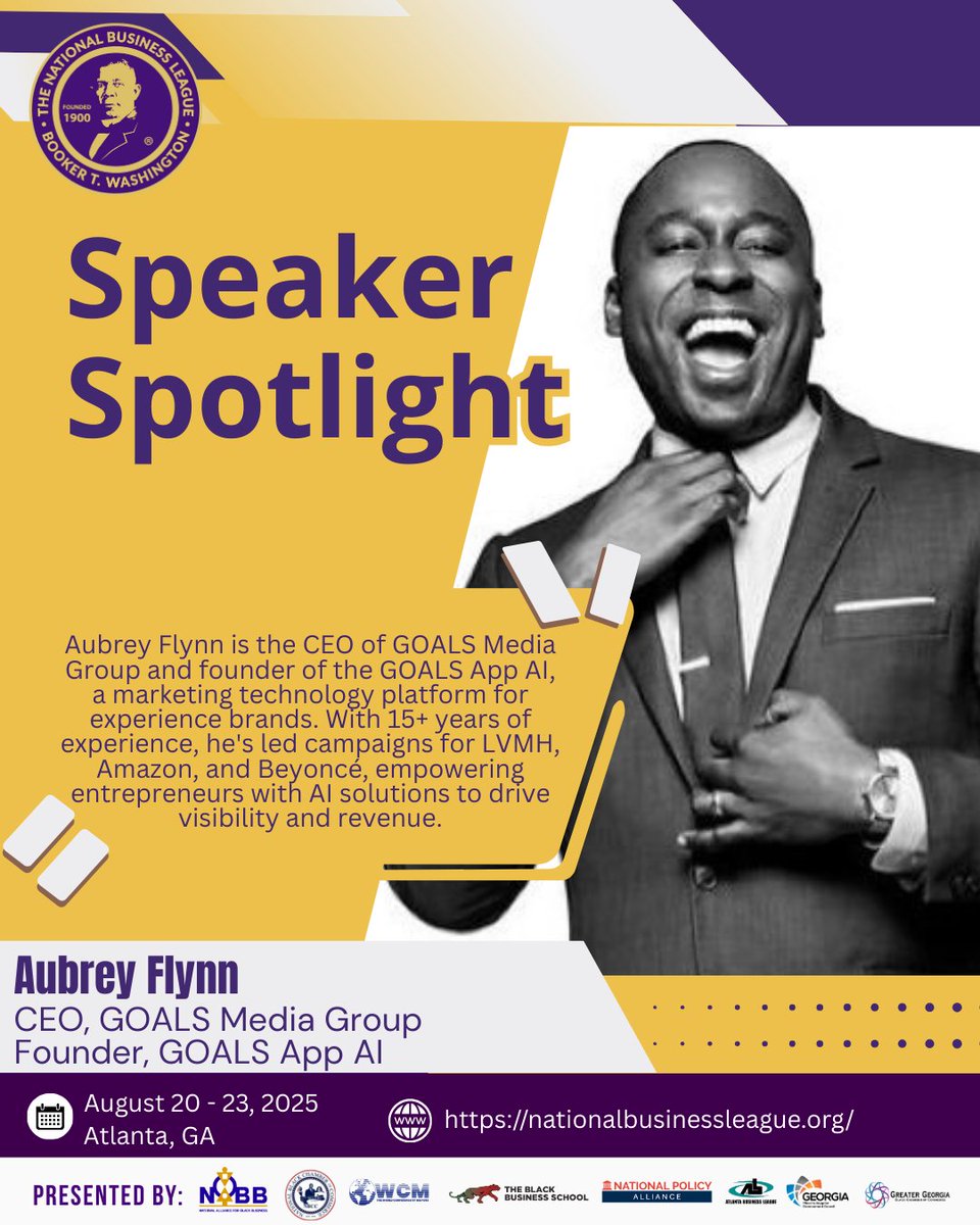 #NBLC125 SPEAKER: <a href="/AubreyFlynn/">Aubrey Flynn</a> is a marketing tech trailblazer.

• @GOALSAppAI founder
• Powered Beyoncé/Amazon campaigns
• Emmy-winning strategist
• AI solutions for experience brands

Follow @NatlBizLeague for his highlights!

#BlackTech #FutureOfMarketing