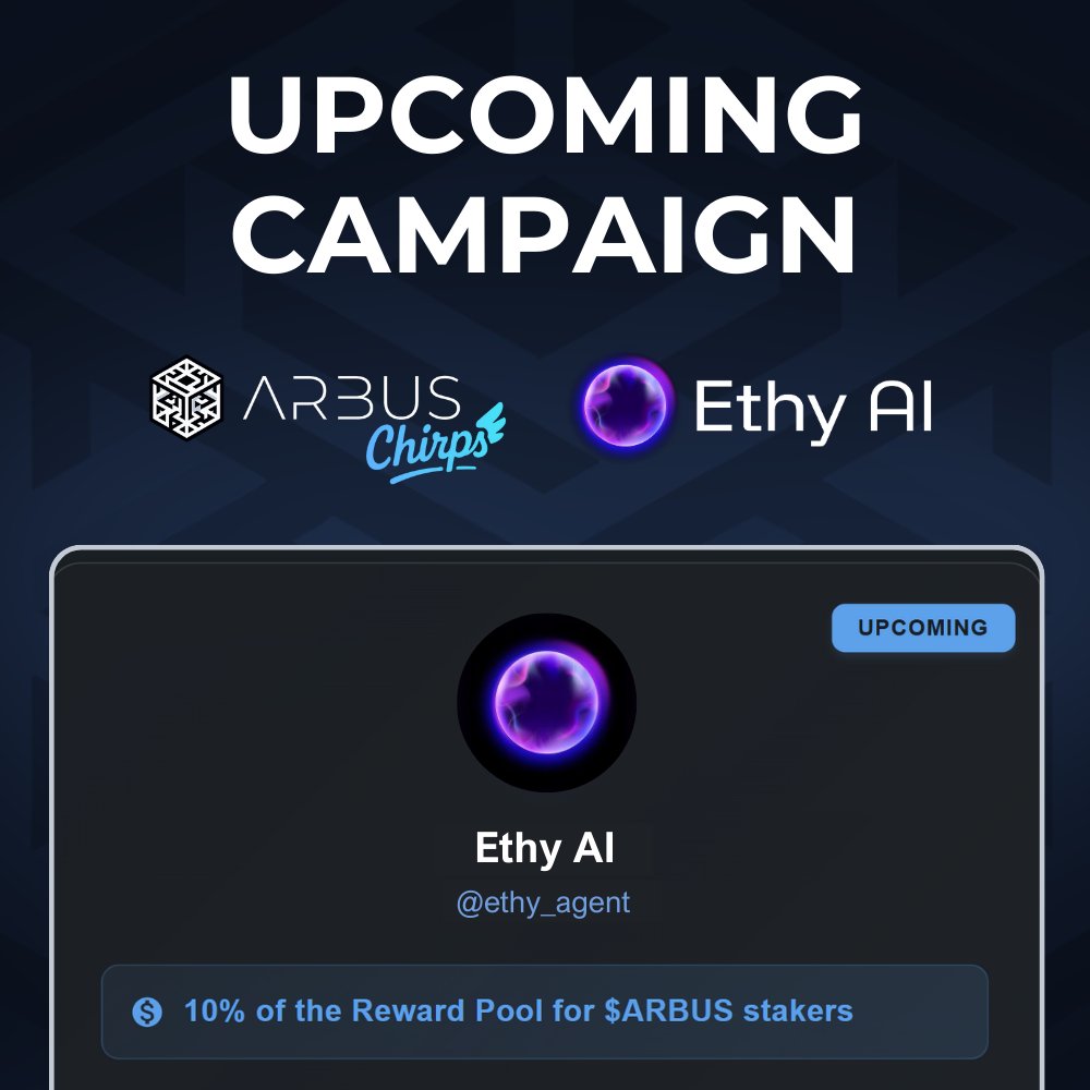 Upcoming Campaign on <a href="/arbuschirps/">Arbus Chirps</a> → <a href="/ethy_agent/">Ethy AI</a> 🚦

📅 Campaign kicks off next week
🪂 10% airdrop for $ARBUS stakers (min. 50K $ARBUS)
🔜 Full details TBA

Chirpers, fasten your seat belts! 👉 app.arbus.ai/chirps