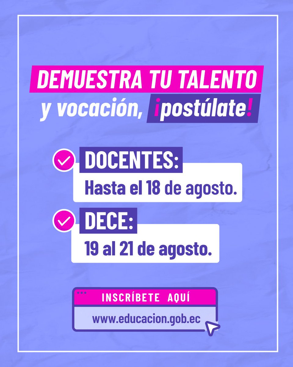 Educacion_Ec's tweet photo. ✅ Abrimos convocatorias para incorporar a 2.800 nuevos profesionales al sistema educativo, ofreciendo más oportunidades de desarrollo profesional a través de la plataforma #EducaEmpleo.

📌 2.300 vacantes corresponden a docentes y 500 a los Departamentos de Consejería Estudiantil (DECE), para fortalecer el acompañamiento psicoeducativo de los estudiantes.

💻 Inscripciones ➡️ https://t.co/LwSo6oSpZV
👩🏻‍🏫👨🏻‍🏫 Docentes ➡️ Hasta el 18 de agosto.
🙋🏻‍♀️🙋🏻‍♂️ DECE ➡️ 19 al 21 de agosto.
⚠ ¡El proceso es totalmente gratuito!

#ElNuevoEcuador
#ValorizaciónDocente
