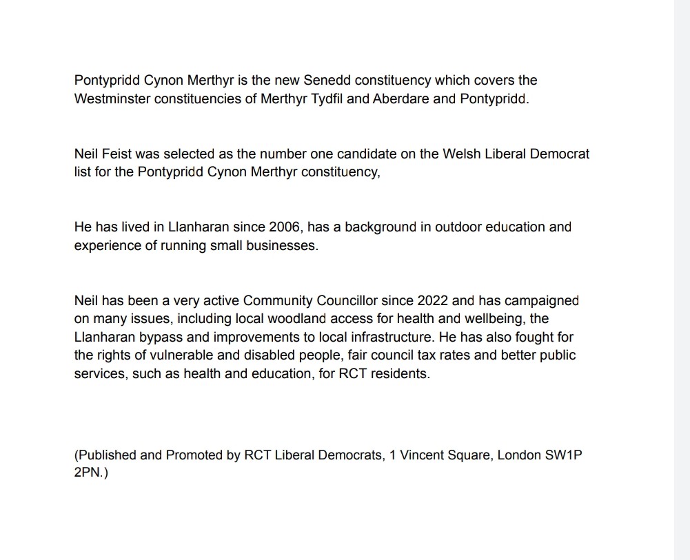 RCTLibDems's tweet photo. @LlanharanNeil was selected as the number one candidate on the Welsh Liberal Democrat list for the #Pontypridd #Cynon #Merthyr constituency. #Senedd2026 #elections

 https://t.co/Fye8Lzh3Rm

(Published and Promoted by RCT Liberal Democrats, 1 Vincent Square, London SW1P 2PN.) https://t.co/vgp9bFmOFU