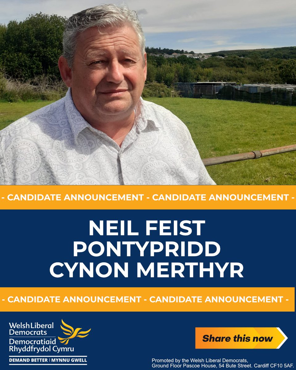 RCTLibDems's tweet photo. @LlanharanNeil was selected as the number one candidate on the Welsh Liberal Democrat list for the #Pontypridd #Cynon #Merthyr constituency. #Senedd2026 #elections

 https://t.co/Fye8Lzh3Rm

(Published and Promoted by RCT Liberal Democrats, 1 Vincent Square, London SW1P 2PN.) https://t.co/vgp9bFmOFU