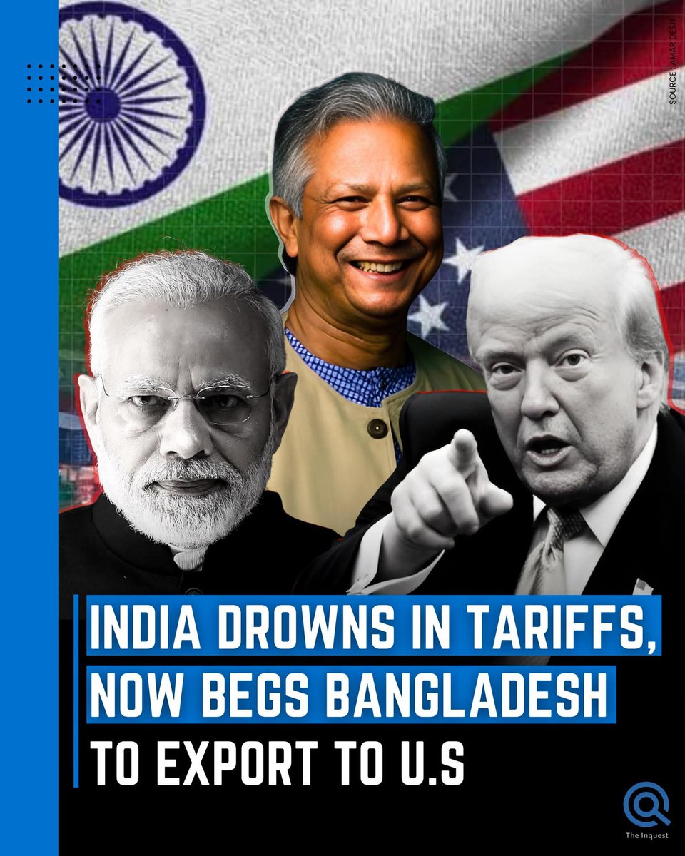 DefenseDtb's tweet photo. India drowns in Tariffs
Now begs Bangladesh to export to USA 🤣 https://t.co/bHFrVBq2FB