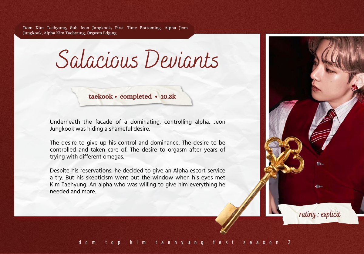 domtopkthfest's tweet photo. “Salacious Deviants”

🗝️ taekook, completed, 10.3k
🔖 Dom Kim Taehyung, Sub Jeon Jungkook, First Time Bottoming, Alpha Jeon Jungkook, Alpha Kim Taehyung, Org/asm Edging
🔗 https://t.co/KuRGIIvhZv https://t.co/HCpZCLWAB3