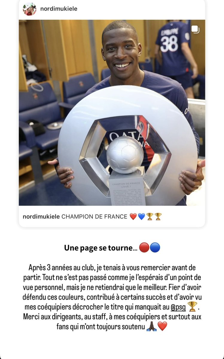 🚨 Le message de Nordi Mukiele aux supporters du PSG après son départ pour Sunderland ! 👋🇫🇷

Bonne continuation, <a href="/NordiMukiele/">N O R D I</a> ❤️💙