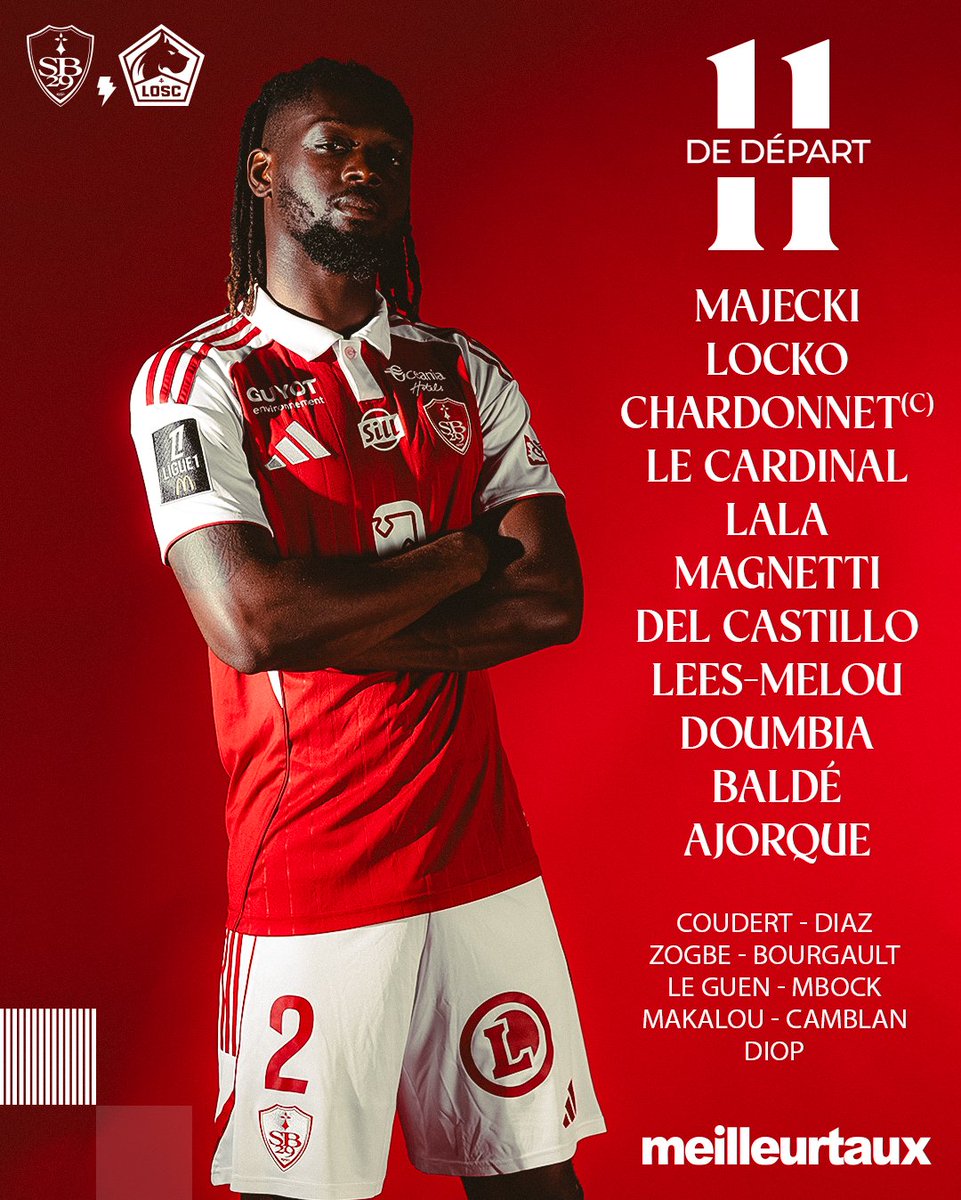 𝗦𝘂𝗽𝗽𝗼𝗿𝘁𝗲𝗿𝘀 𝗯𝗿𝗲𝘀𝘁𝗼𝗶𝘀 ! 🔴⚪ #SB29LOSC
Voici le 1⃣1⃣ brestois pour affronter le <a href="/losclive/">LOSC</a> ce dimanche à 15h dans le cadre de la 1ère journée de <a href="/Ligue1/">Ligue 1 McDonald's</a> ⚔