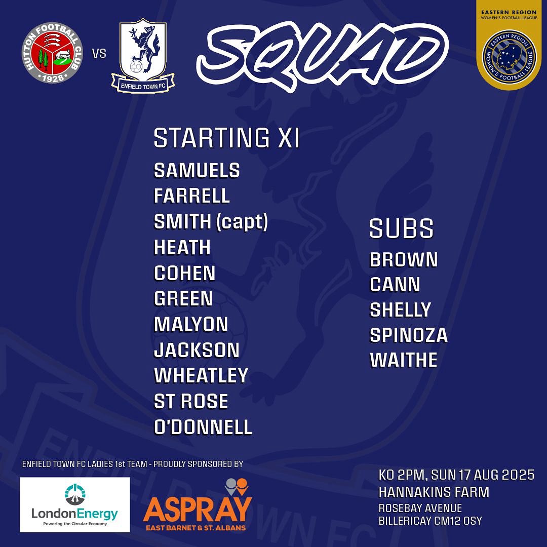 🔵⚪ Starting XI vs Hutton

Here’s how we line up for today’s 2025/26 season opener 👊

Let’s kick things off strong — come on, Towners! 💙

#UpTheTowners #EnfieldTownLadies #Matchday #StartingXI #WomensFootball #NewSeason #TownersVsHutton