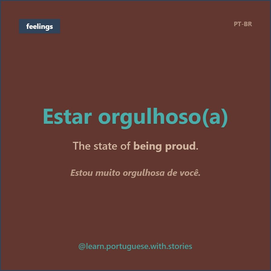 follmann_felipe's tweet photo. 📚 Estar orgulhoso(a)

🇺🇸 The state of being proud.
🇧🇷 Estou muito orgulhosa de você.

Check more tips at: https://t.co/1oo639OMv2 📚

#LearnPortuguese #BrazilianPortuguese #Português #Portuguese #Brasil #Brazi https://t.co/t5pTNZI4GA