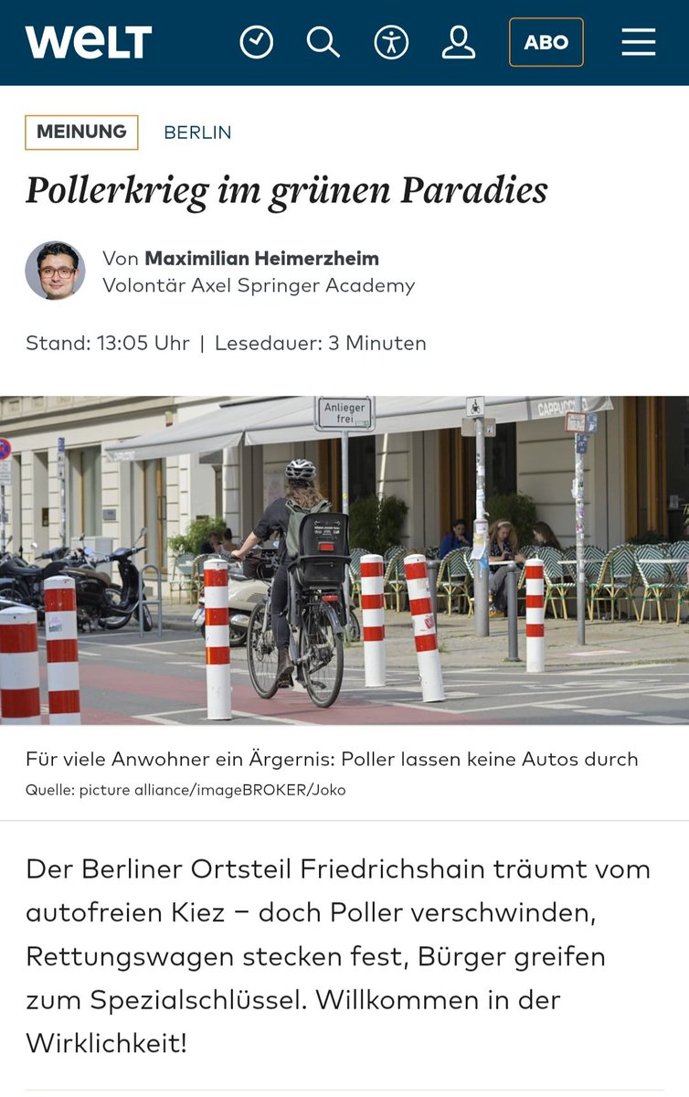 "Der Pollerkrieg entlarvt d Grundmuster grüner Politik: Sie ist elitär, bevormundend u realitätsfern. Aus e Alltag, d für viele schon anstrengend genug ist, wird e Umerziehungsprogramm, aus Bürgern werden Versuchskaninchen. Kein Wunder, dass d Widerstand wächst." Danke, <a href="/welt/">WELT</a> !