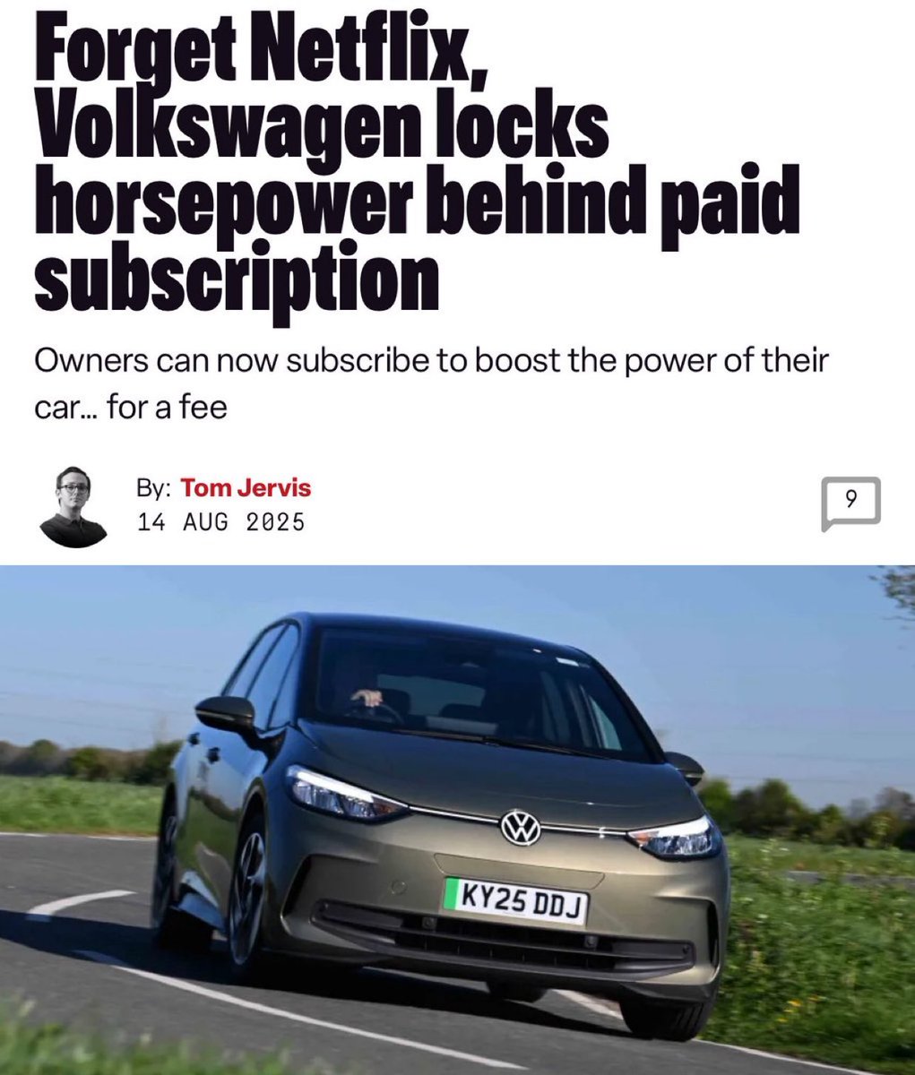 R.I.P. German cars

VW is asking owners of the ID.3 hatch to pay extra if they wish their car to deliver the full performance it’s capable of.