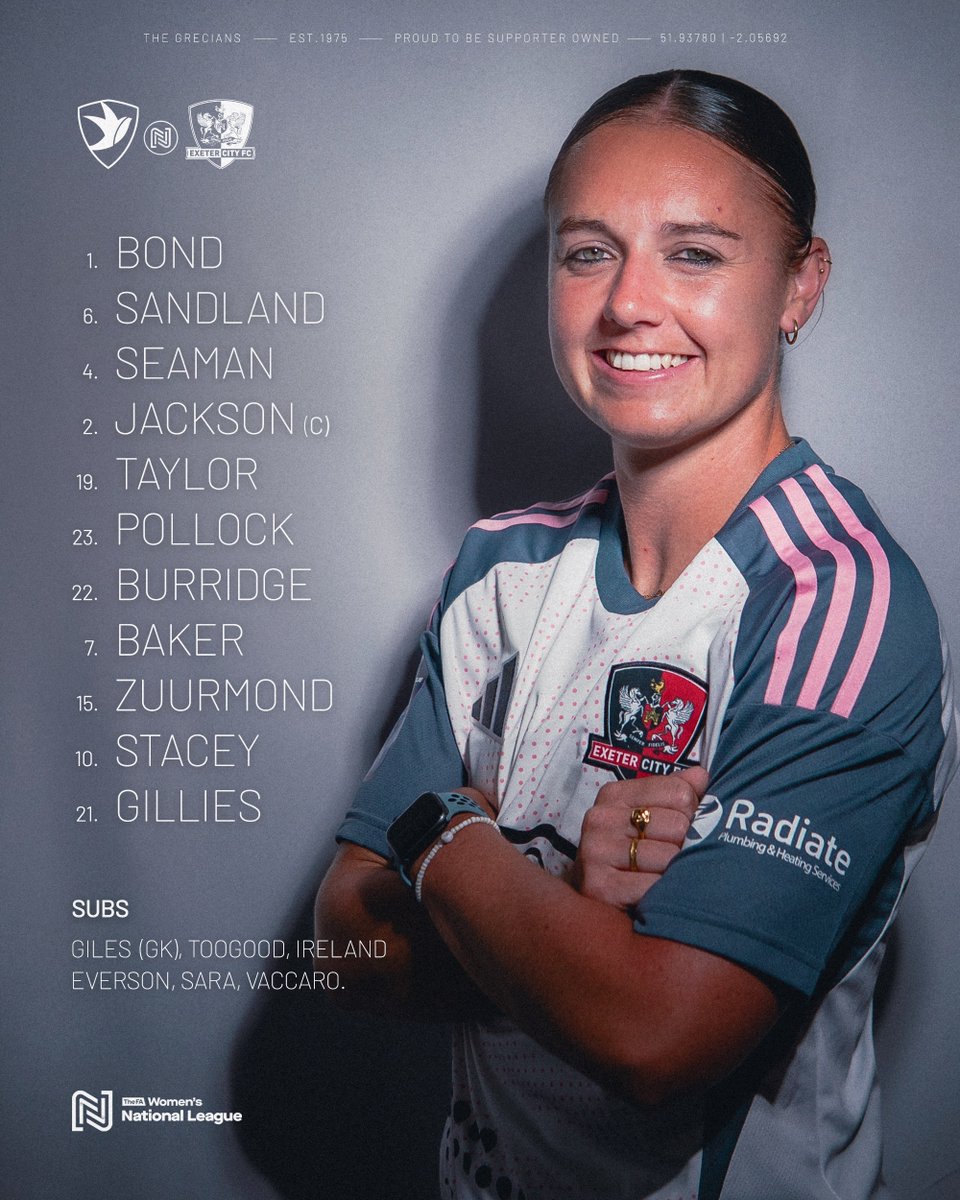 ExeterCityWFC's tweet photo. 📝 Team News: 🆚 @CTWomenFC
Here's how the Grecians will lineup on the opening day ⬇️
#ECFC https://t.co/TXiHUAIzG4