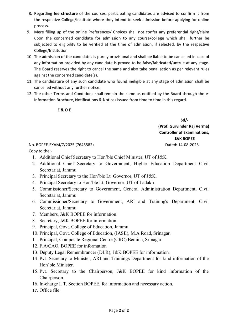 #JKBOPEE  Counselling Schedule for submission of Online Preferences by the eligible candidates for admission to B.Ed. Course-2025