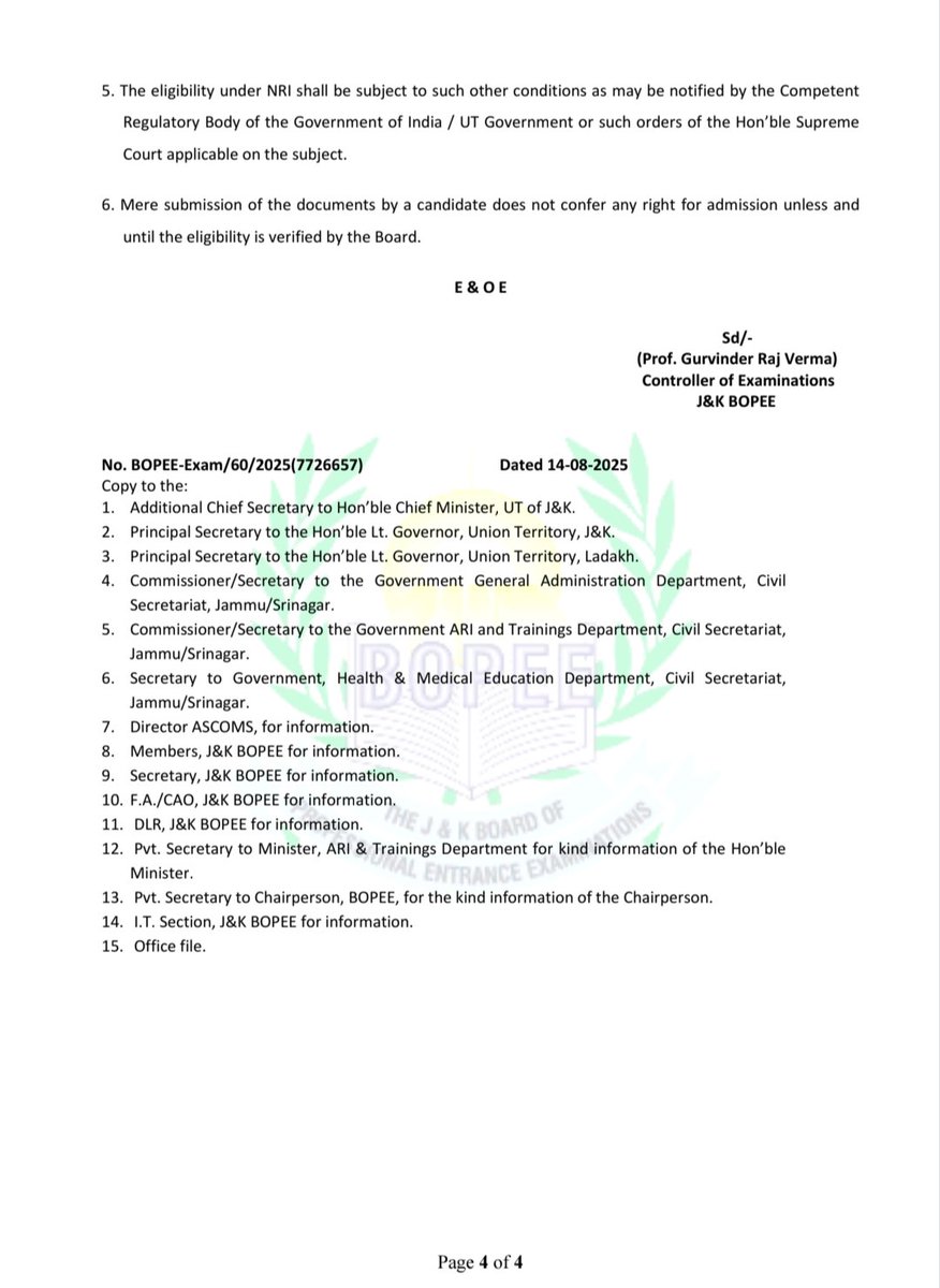 #JKBOPEE  Filling up of MBBS Management Seats of Hindu Minority (HM) and Non-Resident Indians (NRI) Quota of ASCOMS, through Joint Counselling by J&amp;K BOPEE.