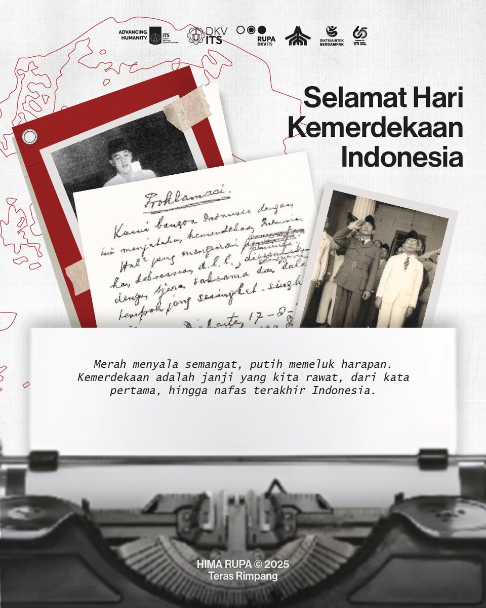 visualdesignits's tweet image. [Selamat Hari Kemerdekaan Republik Indonesia] 

Hari ini kita rayakan semangat merdeka yang diwariskan para pejuang bangsa.
Merah putih bukan sekadar warna, tapi tanda keberanian dan kesucian hati.

Selamat Hari Kemerdekaan Republik Indonesia

#DKVITS
#HimaRupa 
#HUTRI80