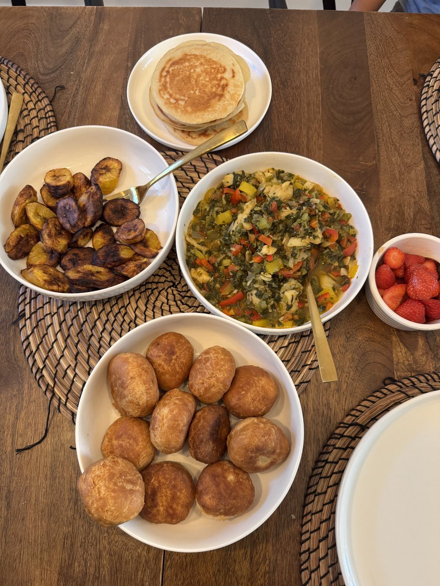 Brunch: Salt fish &amp; callaloo, fried dumplings and plantain. 

Strawberries &amp; pancakes for my youngest.