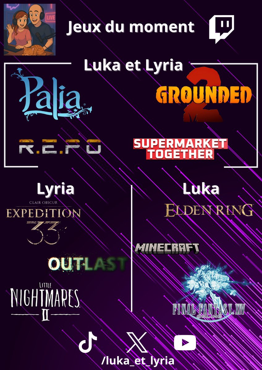 🔴 Nos jeux :

Pour ce retour de vacances, voici nos jeux du moment sur lesquels vous pourrez nous retrouver ! 🔥

#twitch #couplestreameur #palia #grounded2 #ClairObscureExpedition33 #FF14