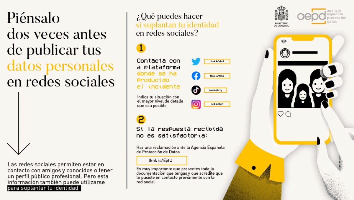 🔒 En casos de suplantación de identidad en redes sociales, puedes contactar con la red en cuestión a través de su formulario habilitado para ello.

Toda la información en: aepd.es/prensa-y-comun…

#IA #protección_datos