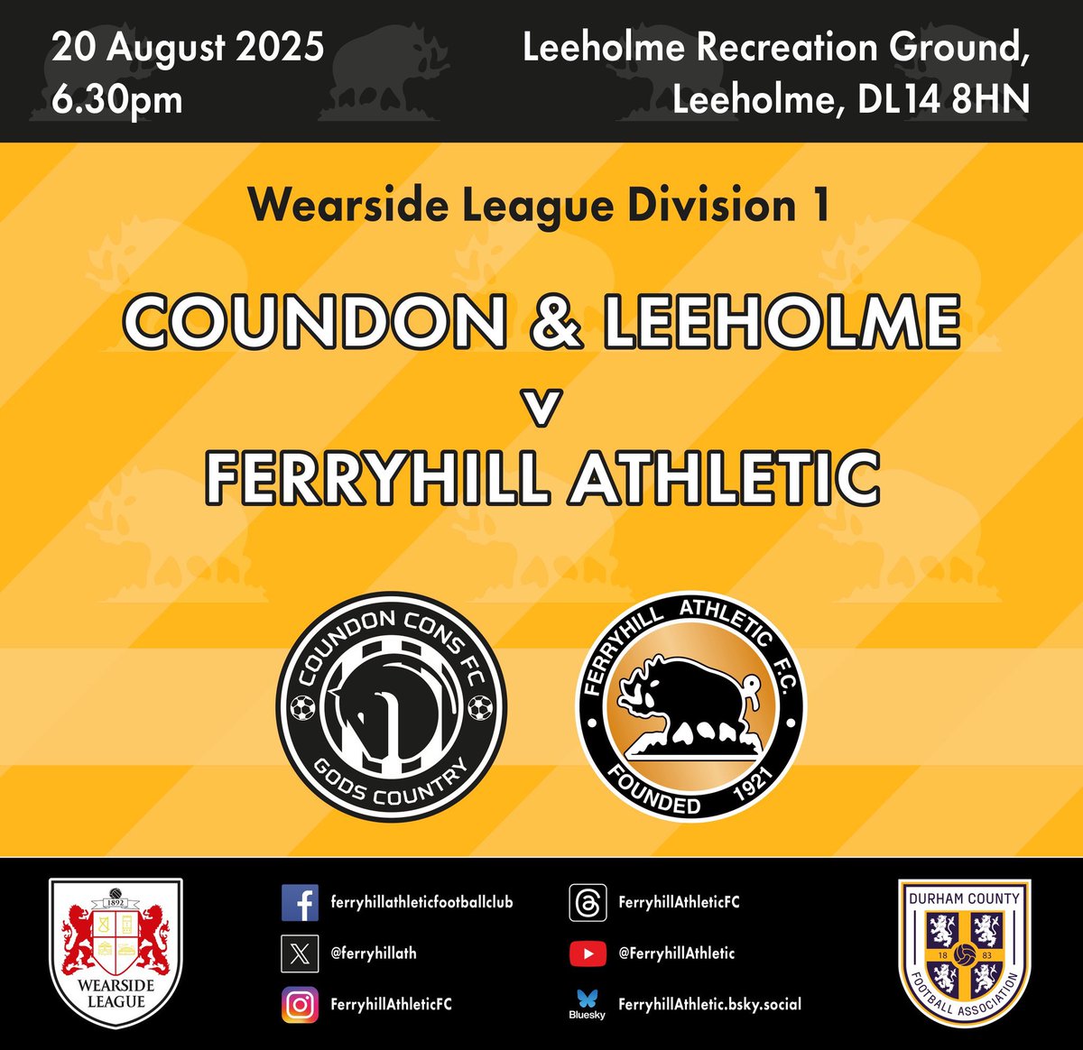 FerryhillAthleticFC (@ferryhillath) on Twitter photo The games are coming thick and fast this August. On Wednesday we travel to Leeholme for our first meeting with Coundon and Leeholme.
🆚 <a href="/CoundonConsFC/">Coundon & Leeholme FC</a>
📅 Wednesday 20th August
⏰ 6.30pm
🏟️ Leeholme Recreation Ground, DL14 8HN
#FerryhillAthletic
#WearsideLeague The games are coming thick and fast this August. On Wednesday we travel to Leeholme for our first meeting with Coundon and Leeholme.
🆚 <a href="/CoundonConsFC/">Coundon & Leeholme FC</a>
📅 Wednesday 20th August
⏰ 6.30pm
🏟️ Leeholme Recreation Ground, DL14 8HN
#FerryhillAthletic
#WearsideLeague