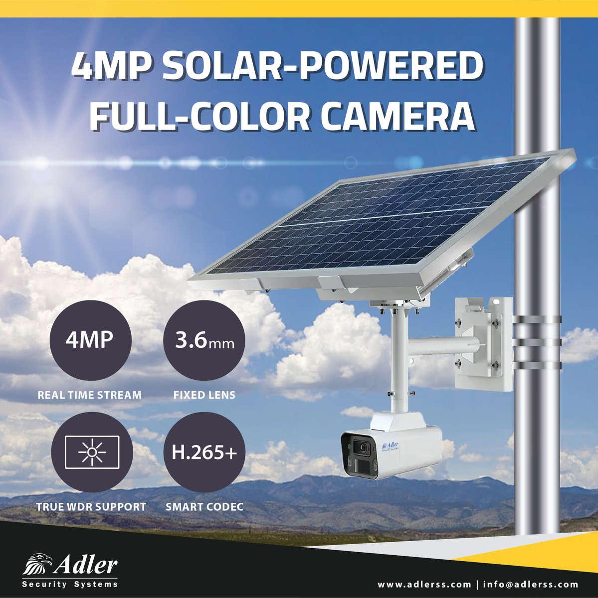 AdlerSecurity's tweet image. No power, no problem.
The AD-TSB4015GSA-W2F8 solar camera from #Adler offers 4MP full-color clarity, True WDR &amp;amp; H.265+ smart codec—all powered by the sun. 🌞📹

🔗 Learn more: adlerss.com

#SolarSecurity #AdlerSystems #OutdoorSurveillance #surveillance