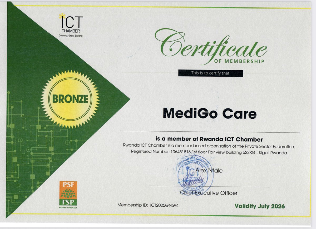 🌍 MediGo Care joins Rwanda ICT Chamber!

This milestone strengthens our mission to equip healthcare students with tech-driven problem-solving skills while empowering communities with digital tools to address real health challenges.
#DigitalHealth #Innovation #RwandaICTChamber