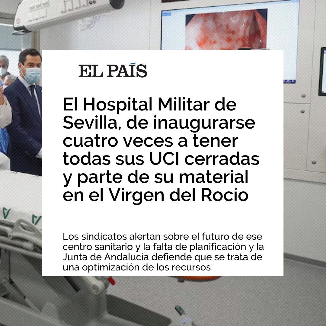 🔒 🏥 La paradoja del Hospital Militar #Sevilla
🗣️ Reyes Zabala, #SATSE #Sevilla “Lo triste es que ahora mismo las ocupaciones del Virgen del Rocío están al 100%, casi a diario y en cuidados intensivos ahora mismo ocurre lo mismo”

🔗 elpais.com/espana/andaluc… vía <a href="/elpaisandalucia/">El País Andalucía</a>