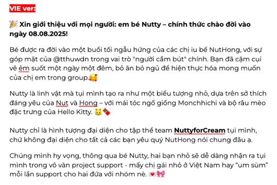 _nuttyforcream's tweet photo. Meet Nutty – born on Aug 8, 2025! Inspired by Nut &amp; Hong, she has Monchhichi hair and Hello Kitty whiskers. Created with love by @tthuwdn, Nutty is the mascot of our NuttyforCream team – a small but passionate group of VN fangirls always making sweet little ruckus for you. 💙🩷 https://t.co/299sQeQ2xB
