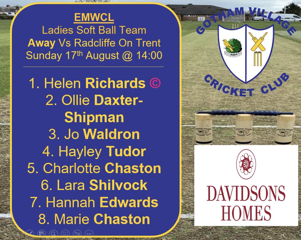Gotham Village CC (@gothamcc) on Twitter photo Good luck to our ladies soft ball side who travel to <a href="/ROTCricketClub/">Radcliffe on Trent C.C.</a> this afternoon for a friendly. Good luck to our ladies soft ball side who travel to <a href="/ROTCricketClub/">Radcliffe on Trent C.C.</a> this afternoon for a friendly.