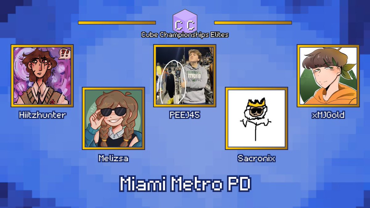 CubeChamps's tweet photo. The last team is probably running from this team, now that I think about it-

Announcing "Miami Metro PD" for Cube Championships: Elites!

@Hiitzhunter1 
@melizsayay 
@PEEJ_LIVE 
@SacronixTV 
@xMJGold 

Watch them in Cube Championships: Elites on August 31st at 6pm BST! https://t.co/J9eE668X4n