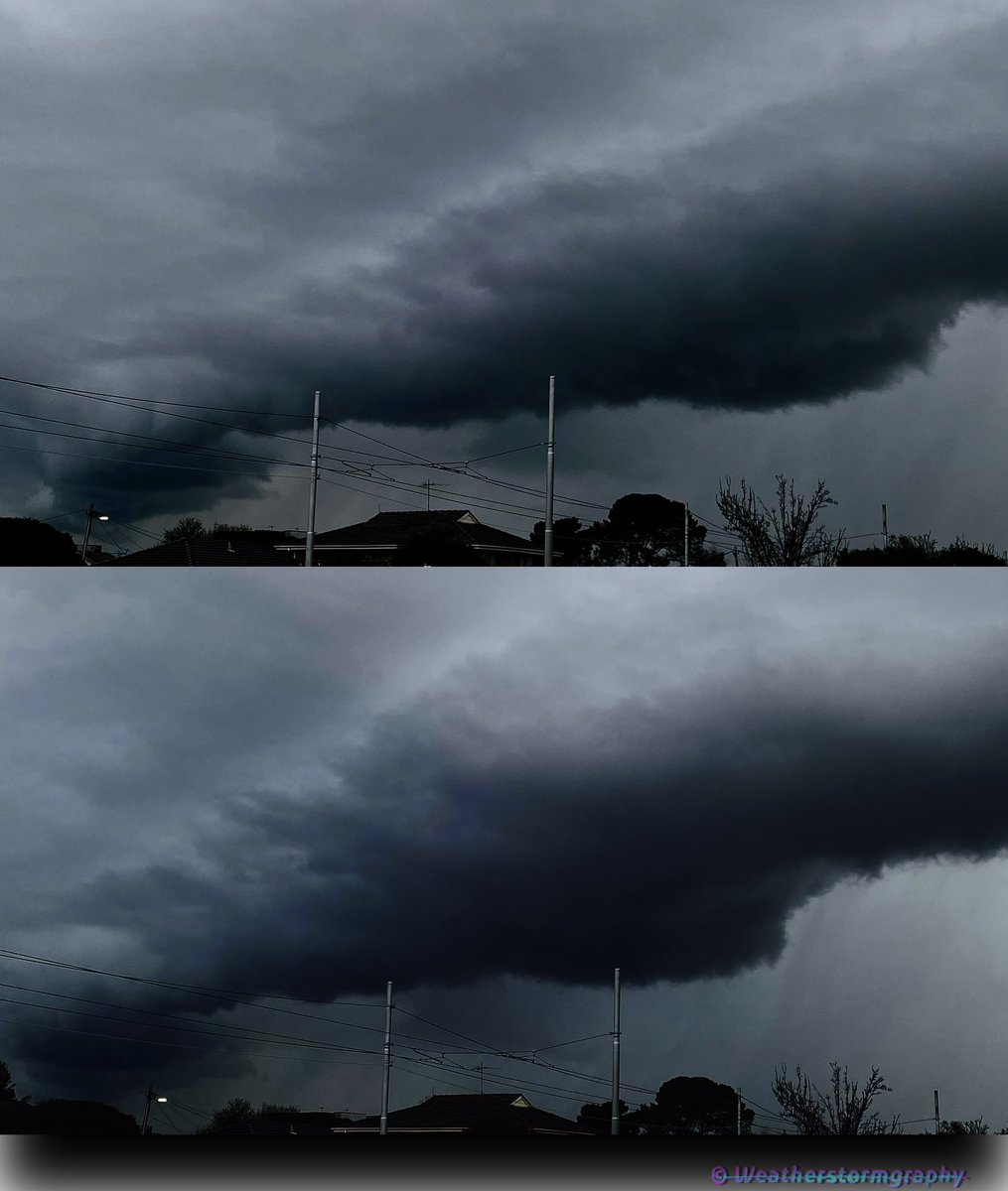 weathergraphy's tweet photo. ⬆️2/2 Angry teasing ominous Shelf roll cloud with suspicious bits under the base right across the SW, Sth, SE &amp; then West - on Friday, Aug 15 2025
.
@MagpieMetalcore @mareetimms @po1983 @Hailmo @The_FishmanAU #shelfcloud #rollcloud #Melbourneweather #Melbourne https://t.co/M8ArI7AKkG