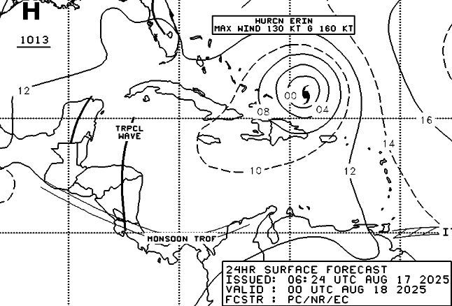 hidromet's tweet image. Extensa, alargada y amplia vaguada del HUR ERIN #HuracanErin , estaría subiendo la ZCIT en la zona sur y costera del litoral Pacífico de C. A.