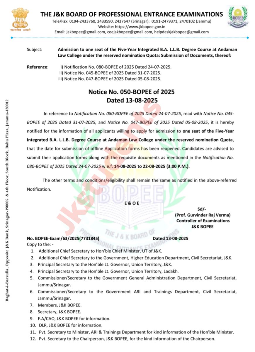 #JKBOPEE  Admission to one seat of the Five-Year Integrated B.A. L.L.B. Degree Course at Andaman Law College under the reserved nomination Quota: Submission of Documents