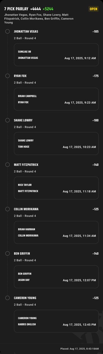 Josh (@joshuadasilva) on Twitter photo Final round 7 leg.
<a href="/GamblyBot/">Gambly Bot</a> dk
Check out this 7-leg Parlay I just placed on DraftKings! sportsbook.draftkings.com/social/post/5f… Final round 7 leg.
<a href="/GamblyBot/">Gambly Bot</a> dk
Check out this 7-leg Parlay I just placed on DraftKings! sportsbook.draftkings.com/social/post/5f…