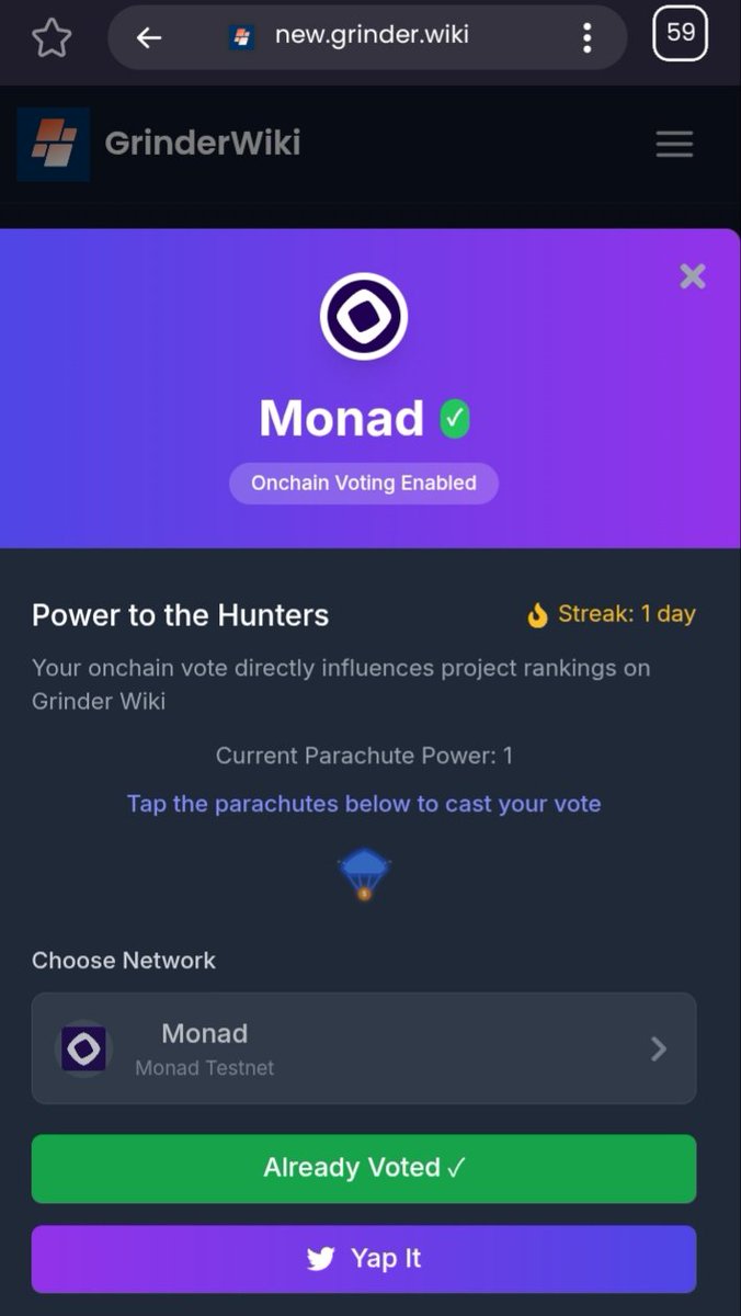 Have you voted for <a href="/monad/">Monad ⨀</a> on <a href="/GrinderWiki/">GrinderWiki</a> ? If you haven’t yet, you can. It’s very easy to vote for Monad through GrinderWiki. Why it matters?Each vote is on-chain, meaning it's transparent, tamper-resistant, and recorded on the blockchain network.

#monad