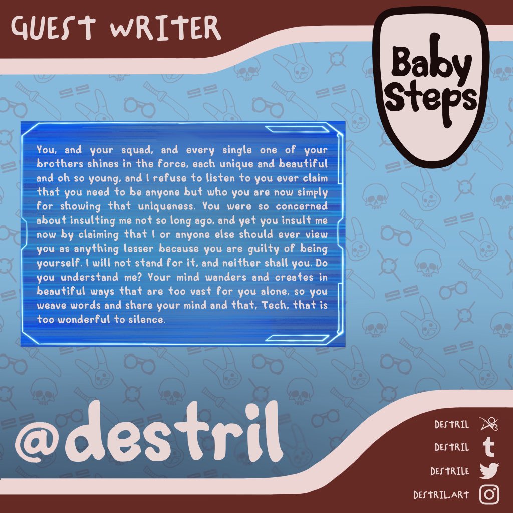 babystepszine's tweet photo. 🩵 MEET THE GUESTS! 🩵

Introducing @Destrile (she/they) as one of our guest writers! https://t.co/OcPb2OsC40