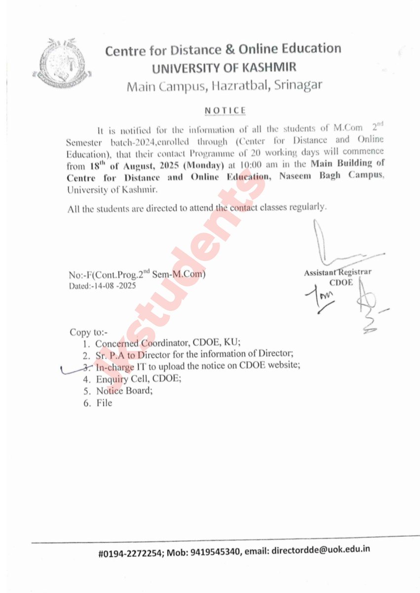 Notice regarding contact programme for M.Com 2nd semester, batch 2024