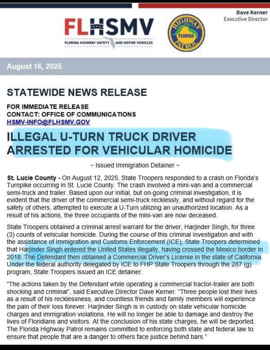 Turns out, an ILLEGAL immigrant is responsible for that horrific deadly truck crash that killed 3 people in Florida. 

How does an ILLEGAL get a commercial drivers license in Gavin Newsom’s state 👀 Guaranteed he’s not the only one, and very likely this is happening in Canada