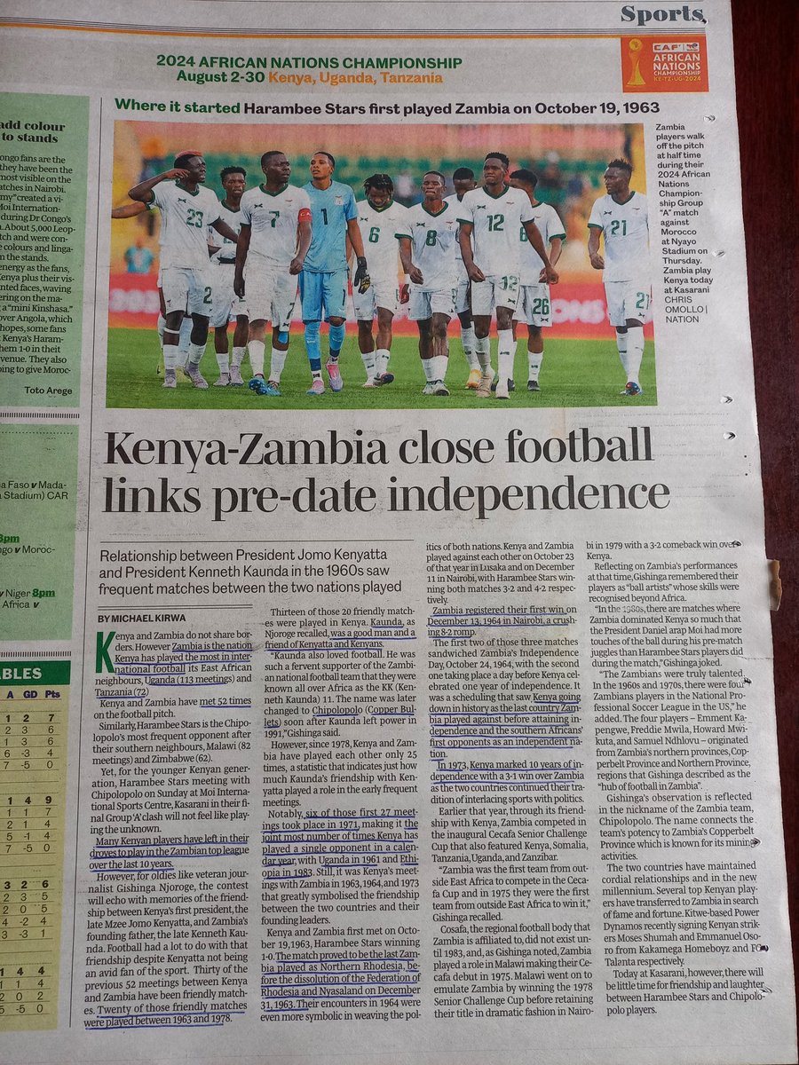Keith Ang'ana (@anganakeith) on Twitter photo In the sports section, Michael Kirwa (<a href="/MichaelxKirwa/">Michael Kirwa</a>) has written 100 facts about the history of the 'Kenya vs Zambia' football matches.
Did you know that we've played each other 52 times? 27 of them being during Kenyatta 1's era, a symbol of friendship between Kenyatta-Kaunda. In the sports section, Michael Kirwa (<a href="/MichaelxKirwa/">Michael Kirwa</a>) has written 100 facts about the history of the 'Kenya vs Zambia' football matches.
Did you know that we've played each other 52 times? 27 of them being during Kenyatta 1's era, a symbol of friendship between Kenyatta-Kaunda.
