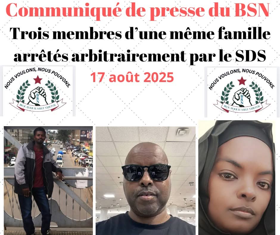 Djibouti : Trois membres d’une même famille arrêtés arbitrairement par le SDS

Nous apprenons que des agents du Service de documentation et de sécurité (SDS), services spéciaux du pouvoir en place, ont arrêté trois membres de la même famille à Djibouti. Il s’agit de : 

-Houmed