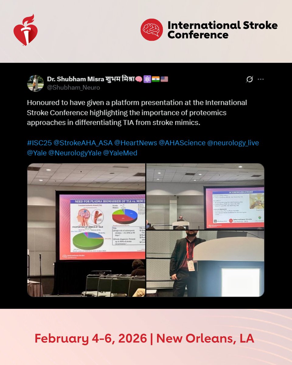 AHAScience's tweet image. We need YOUR science at #ISC26. All-new submission categories make it easy to choose the best fit for you. Submit your abstract now for New Orleans.   

@Shubham_Neuro  

ISC26 Chairs: @LaurenHSansing @bijoymenon