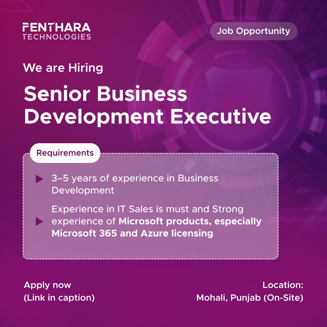🚀 We’re hiring a Senior Business Development Executive! 3–5 yrs IT sales exp (M365 &amp; Azure). Evening shift, great perks, career growth. 

Apply now! 💼🌟👉 careers.penthara.com

#Hiring #BusinessDevelopment #PentharaGalaxy #PentharaTechnologies