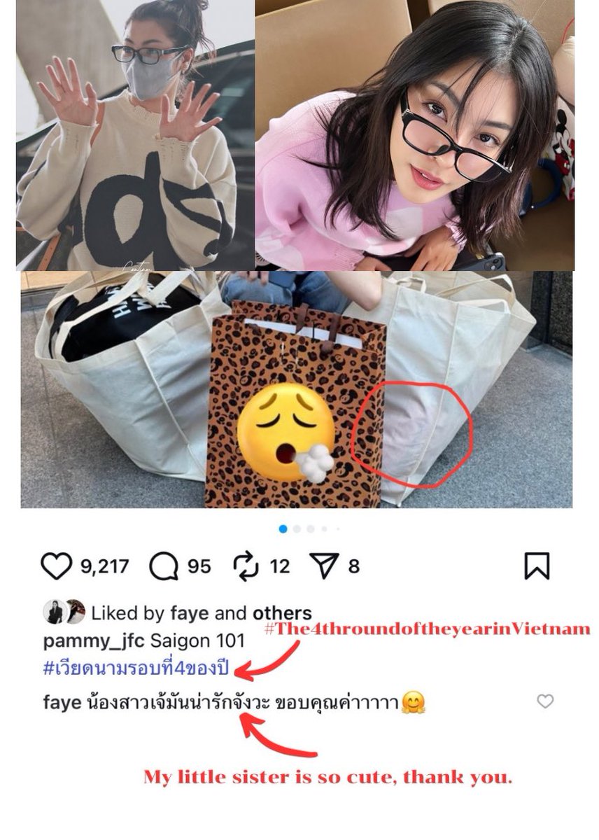 Jelly (@jellyjae_f) on Twitter photo <a href="/BatHoi00/">BatHoi</a> Do you see those 2 bags? Those’re the shopping bags from Pam’s trip to Vietnam. The hashtag says this is her 4th time in Vietnam this year. Meanwhile, Faye commented “ My little sister is so cute, thank you”, which means this trip to Vietnam was actually to buy clothes for Faye. <a href="/BatHoi00/">BatHoi</a> Do you see those 2 bags? Those’re the shopping bags from Pam’s trip to Vietnam. The hashtag says this is her 4th time in Vietnam this year. Meanwhile, Faye commented “ My little sister is so cute, thank you”, which means this trip to Vietnam was actually to buy clothes for Faye.