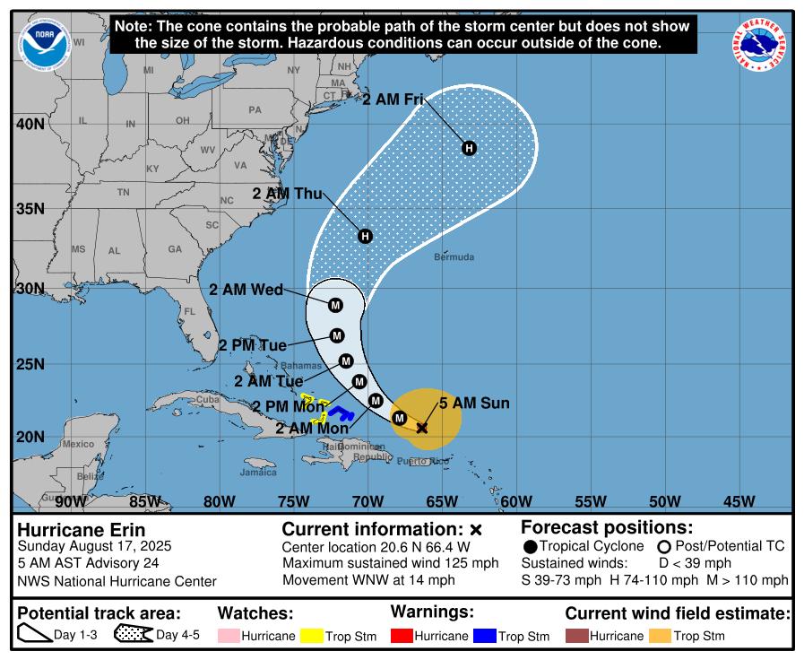 TemporadaCiclon's tweet image. 🚨BOLETÍN OFICIAL 🚨 
El Centro Nacional de Huracanes ha localizado el centro de #Erin en la 20.6⁰Norte y Longitud 66.4⁰Oeste.
El Centro del #HuracanErin está a 280km al Norte de República Dominicana, siguiendo hacia el Oeste-Noroeste. 
#TemporadaCiclonica2025